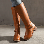 Knee High Boots Leather Buckle Strap Block Heel Classic