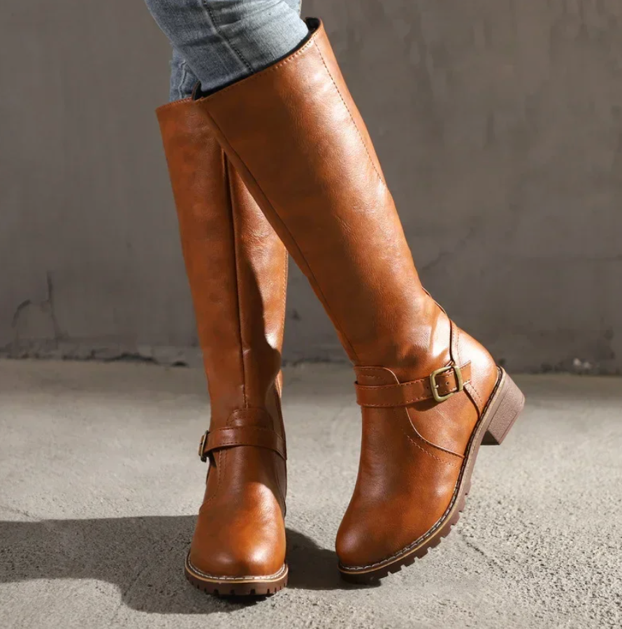Knee High Boots Leather Buckle Strap Block Heel Classic