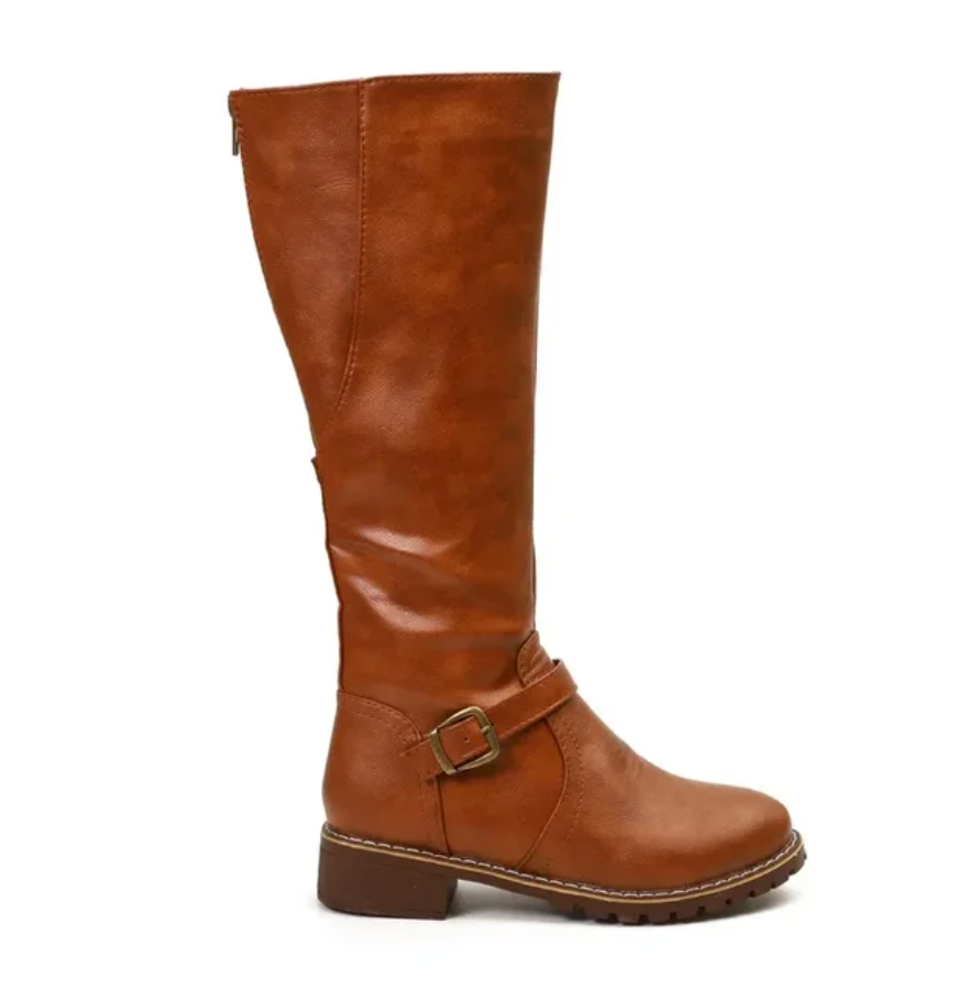 Knee High Boots Leather Buckle Strap Block Heel Classic