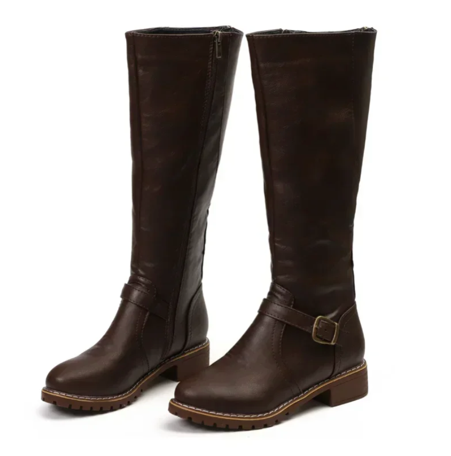 Knee High Boots Leather Buckle Strap Block Heel Classic