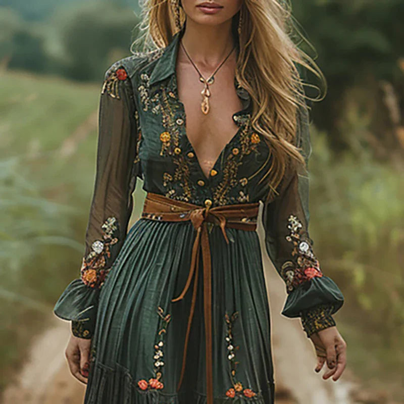Bohemian Floral Maxi Dress Pleated Button-Front