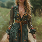 Bohemian Floral Maxi Dress Pleated Button-Front