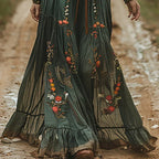 Bohemian Floral Maxi Dress Pleated Button-Front