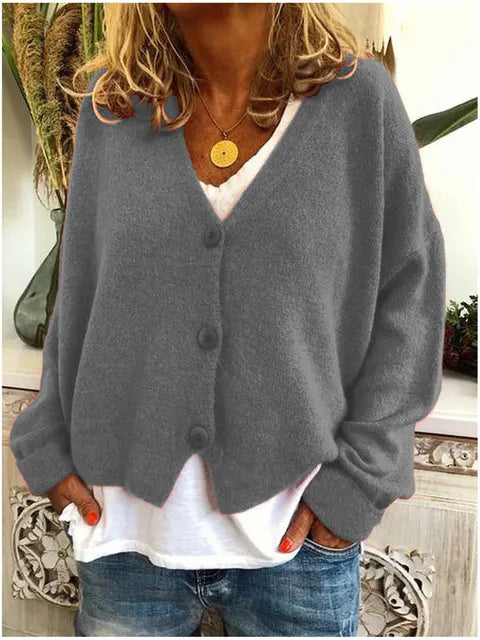 Women's Cotton Cardigan Buttoned V Neck Knit Relaxed Fit