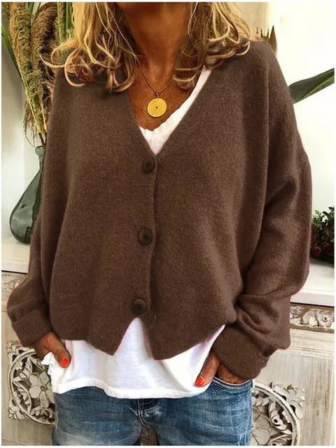 Women's Cotton Cardigan Buttoned V Neck Knit Relaxed Fit