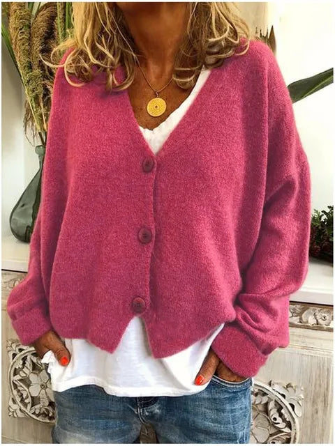 Women's Cotton Cardigan Buttoned V Neck Knit Relaxed Fit