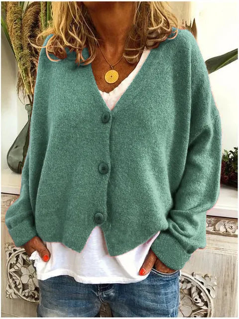 Women's Cotton Cardigan Buttoned V Neck Knit Relaxed Fit