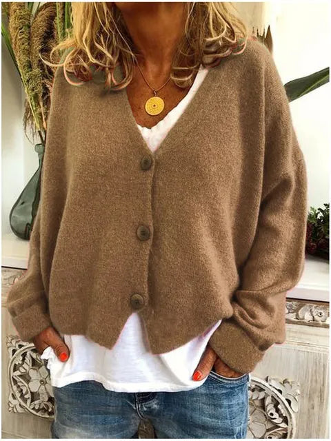 Women's Cotton Cardigan Buttoned V Neck Knit Relaxed Fit