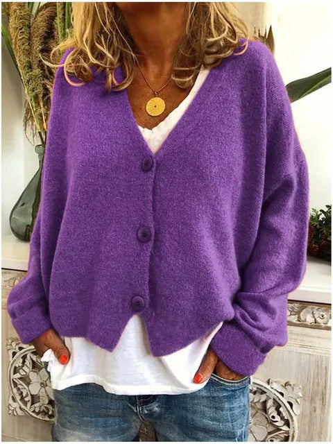 Women's Cotton Cardigan Buttoned V Neck Knit Relaxed Fit