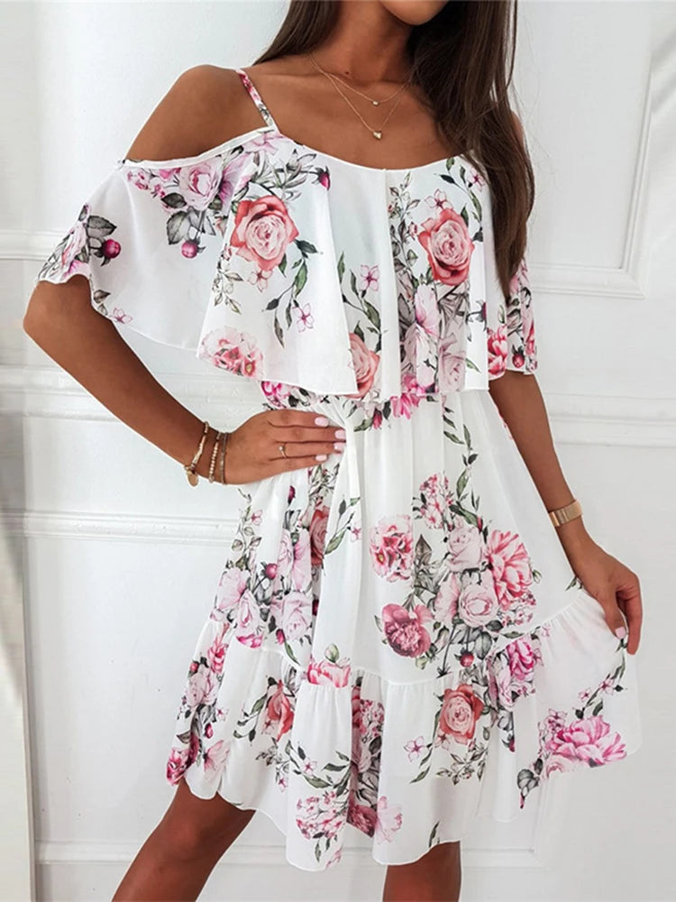 Off-Shoulder Floral Chiffon Mini Dress