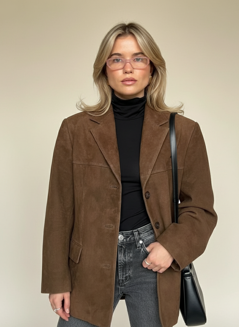 Fall Suede Oversized Blazer — Brown Single-Breasted Jacket for Layering