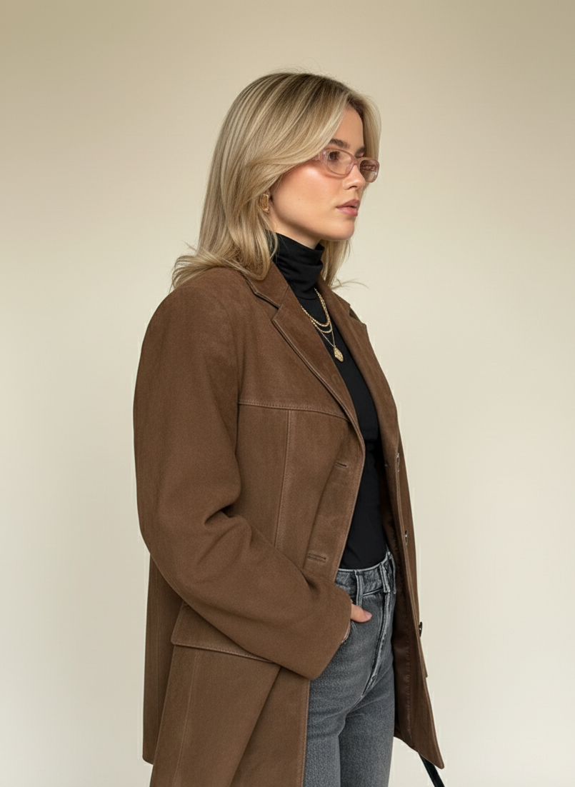 Fall Suede Oversized Blazer — Brown Single-Breasted Jacket for Layering