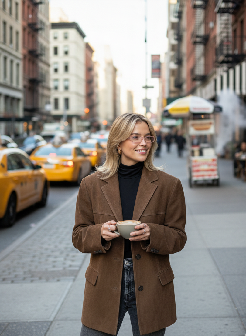 Fall Suede Oversized Blazer — Brown Single-Breasted Jacket for Layering