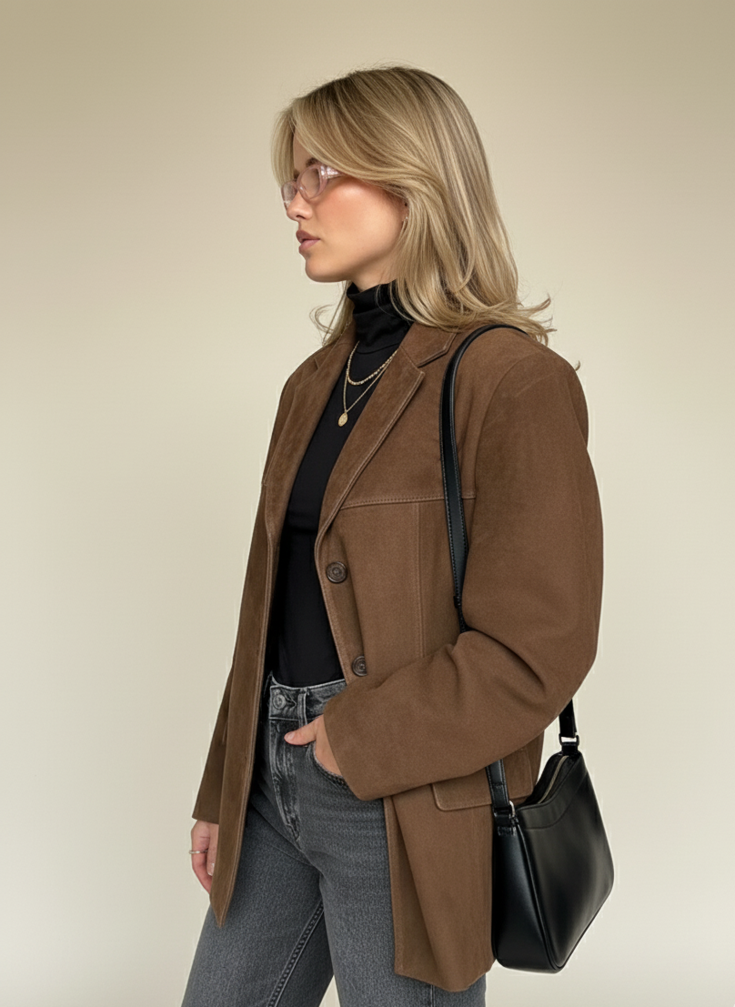 Fall Suede Oversized Blazer — Brown Single-Breasted Jacket for Layering