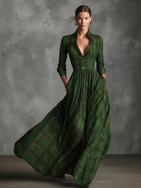 Vintage Plaid Button-Down Dress Full Skirt