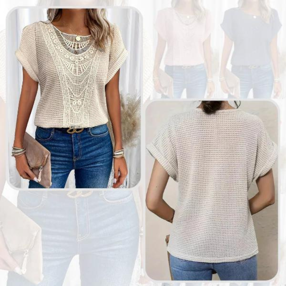 Womens Boho Crochet Top Crew Neck Short Sleeve