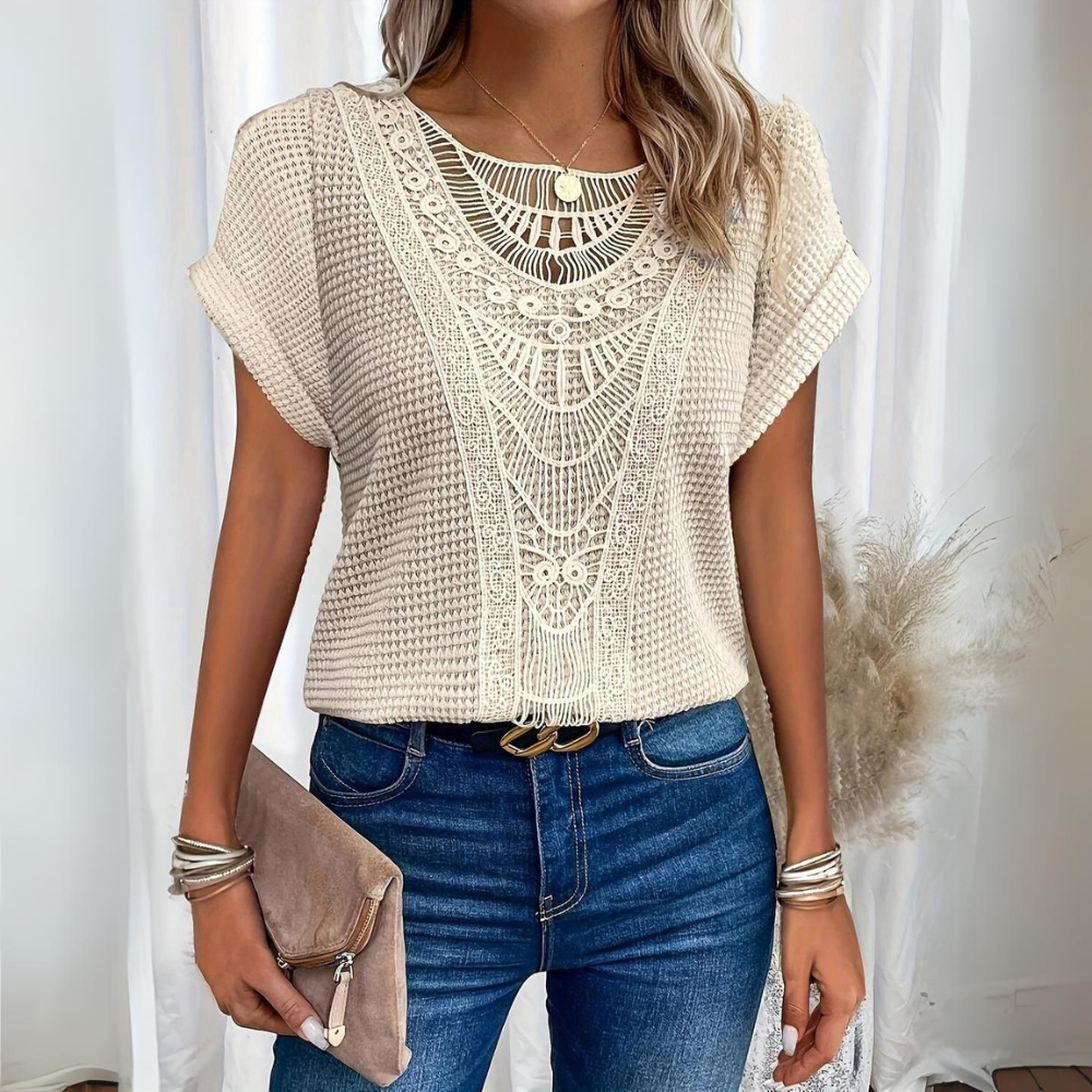 Womens Boho Crochet Top Crew Neck Short Sleeve