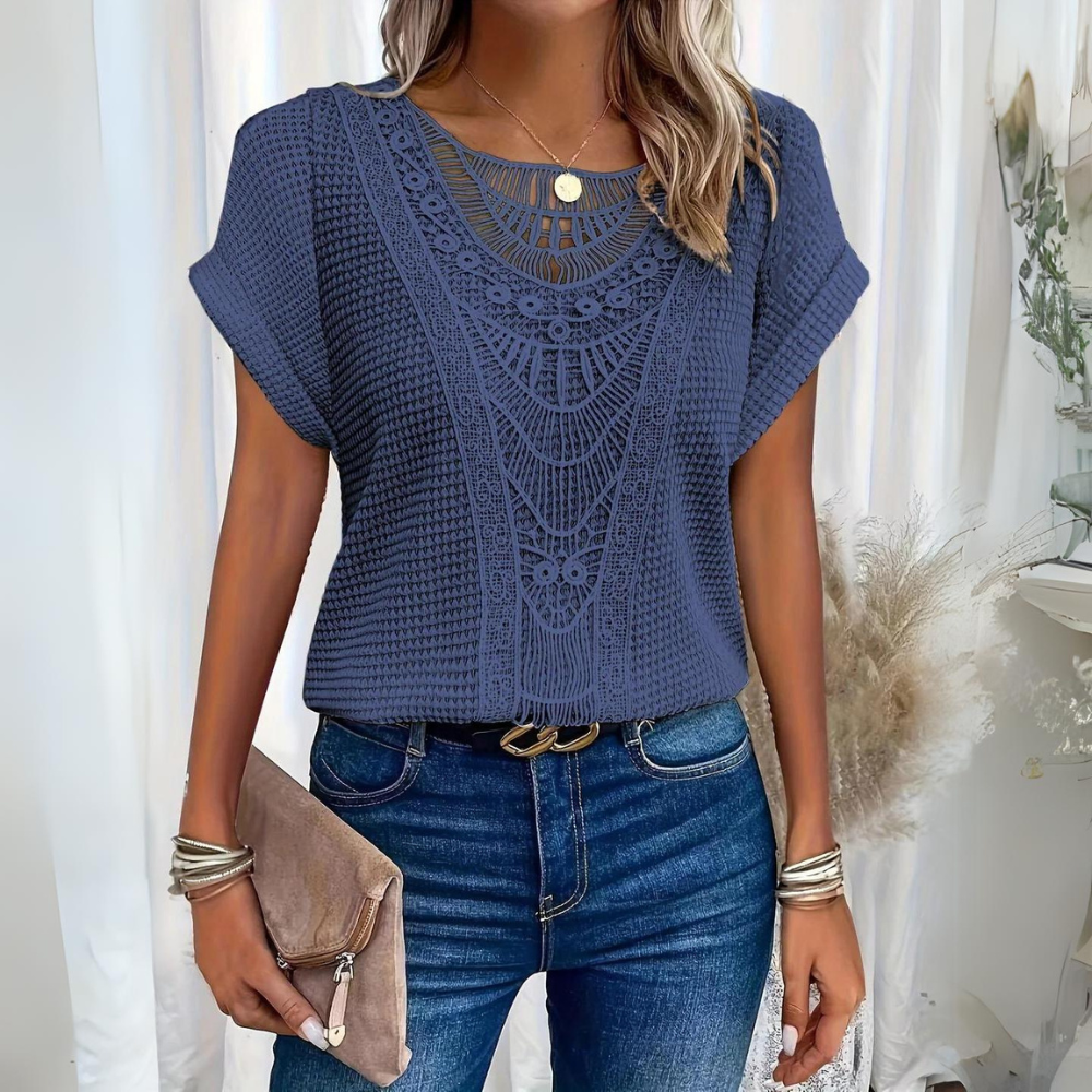 Womens Boho Crochet Top Crew Neck Short Sleeve