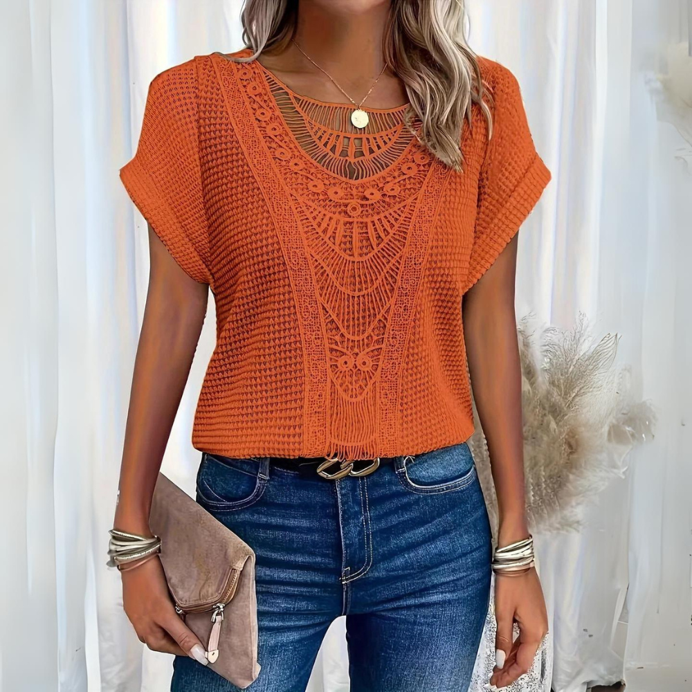 Womens Boho Crochet Top Crew Neck Short Sleeve