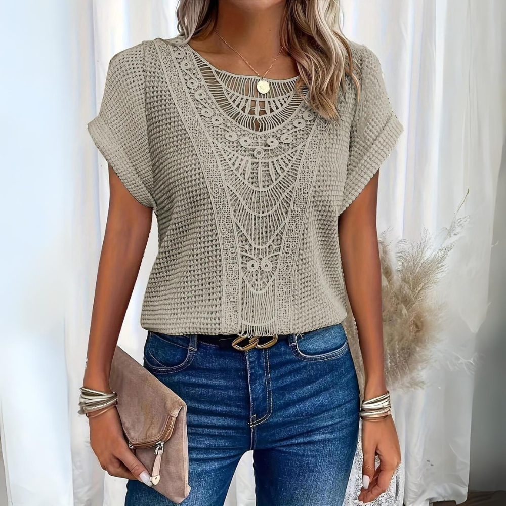 Womens Boho Crochet Top Crew Neck Short Sleeve