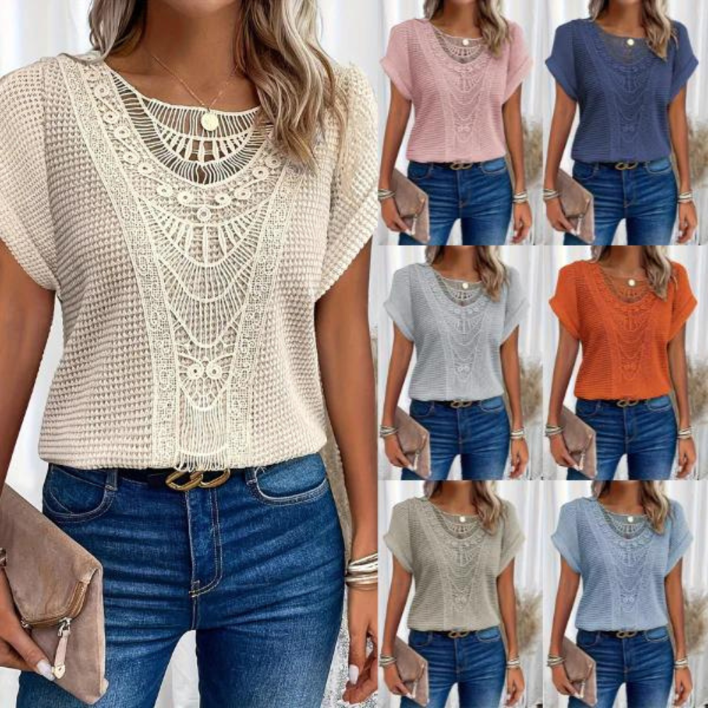 Womens Boho Crochet Top Crew Neck Short Sleeve