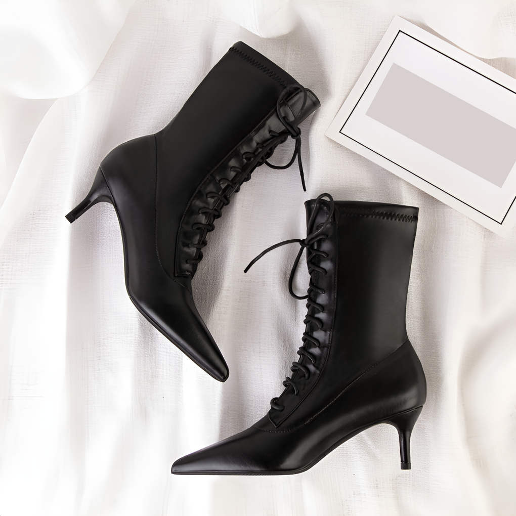 Leather Boots Side Zip Low Block Heel Round Toe Elegant