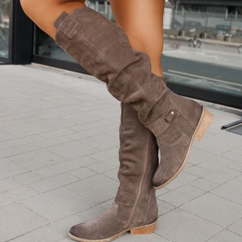 Suede Knee High Boots Block Heel Round Toe Women's