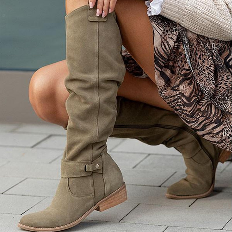Suede Knee High Boots Block Heel Round Toe Women's