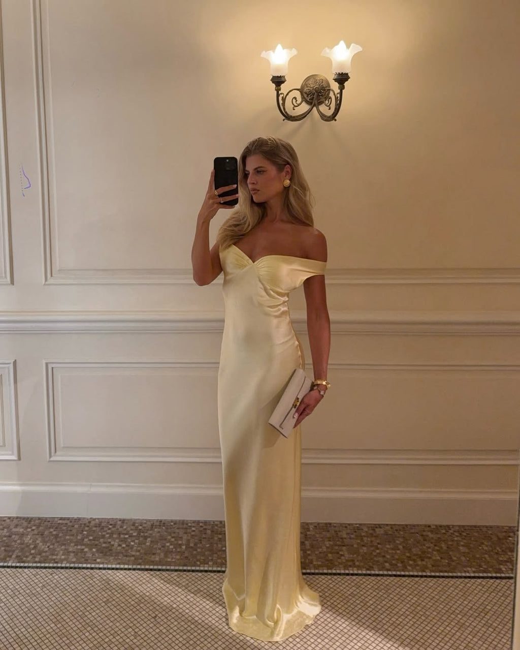 Off-Shoulder Satin Maxi Wedding Guest Dress