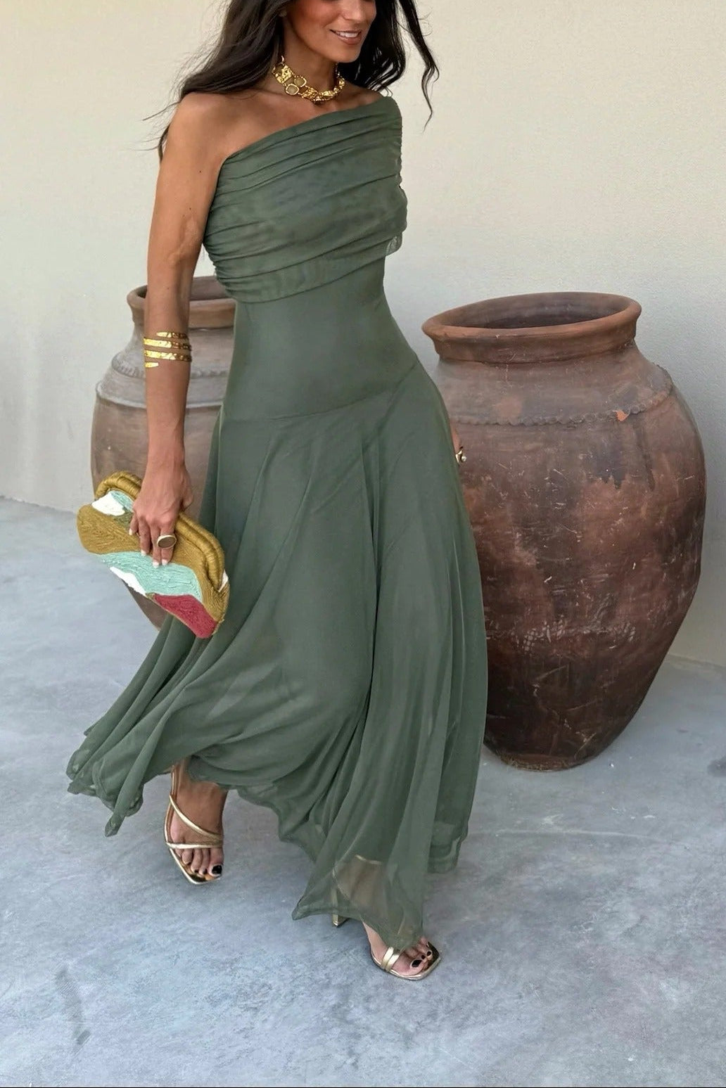 One-Shoulder Mesh Maxi Summer Dress
