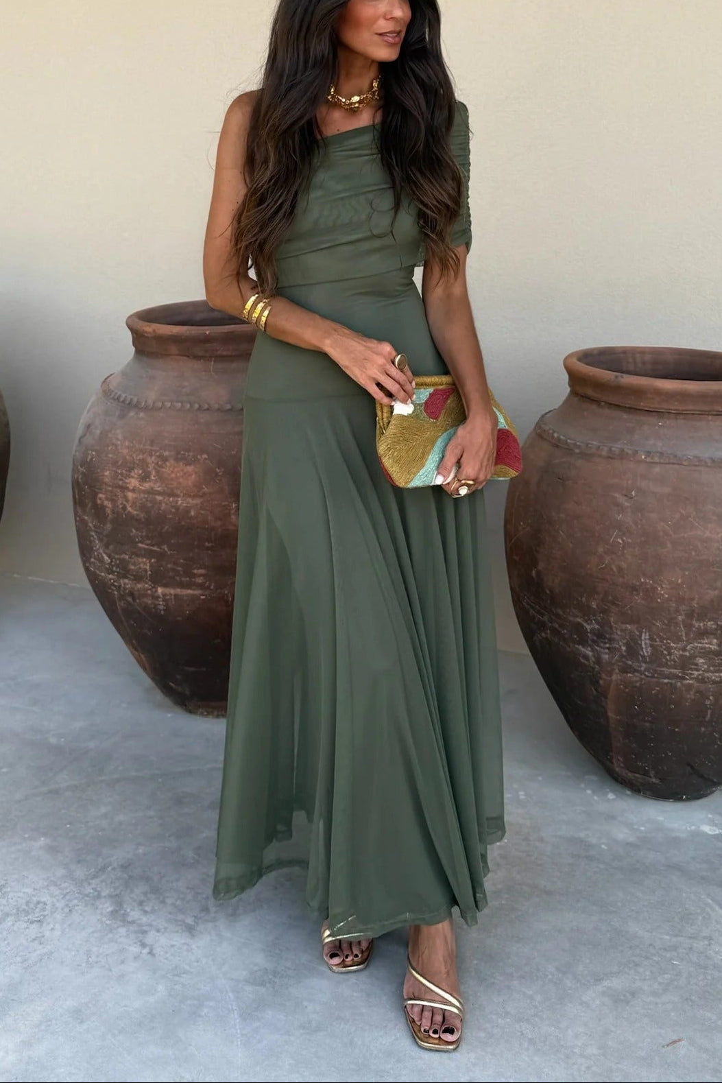 One-Shoulder Mesh Maxi Summer Dress