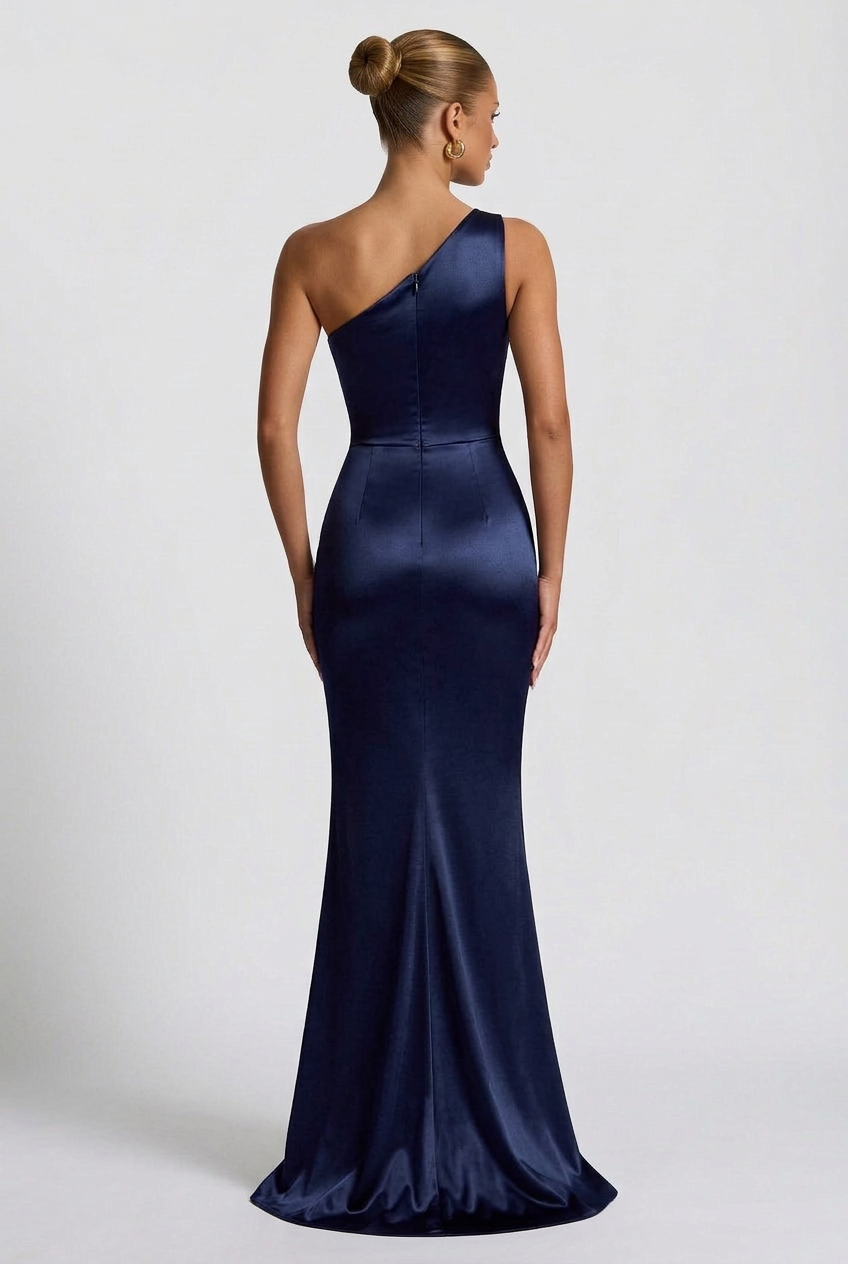 One-Shoulder Satin Maxi Prom Dress with Split