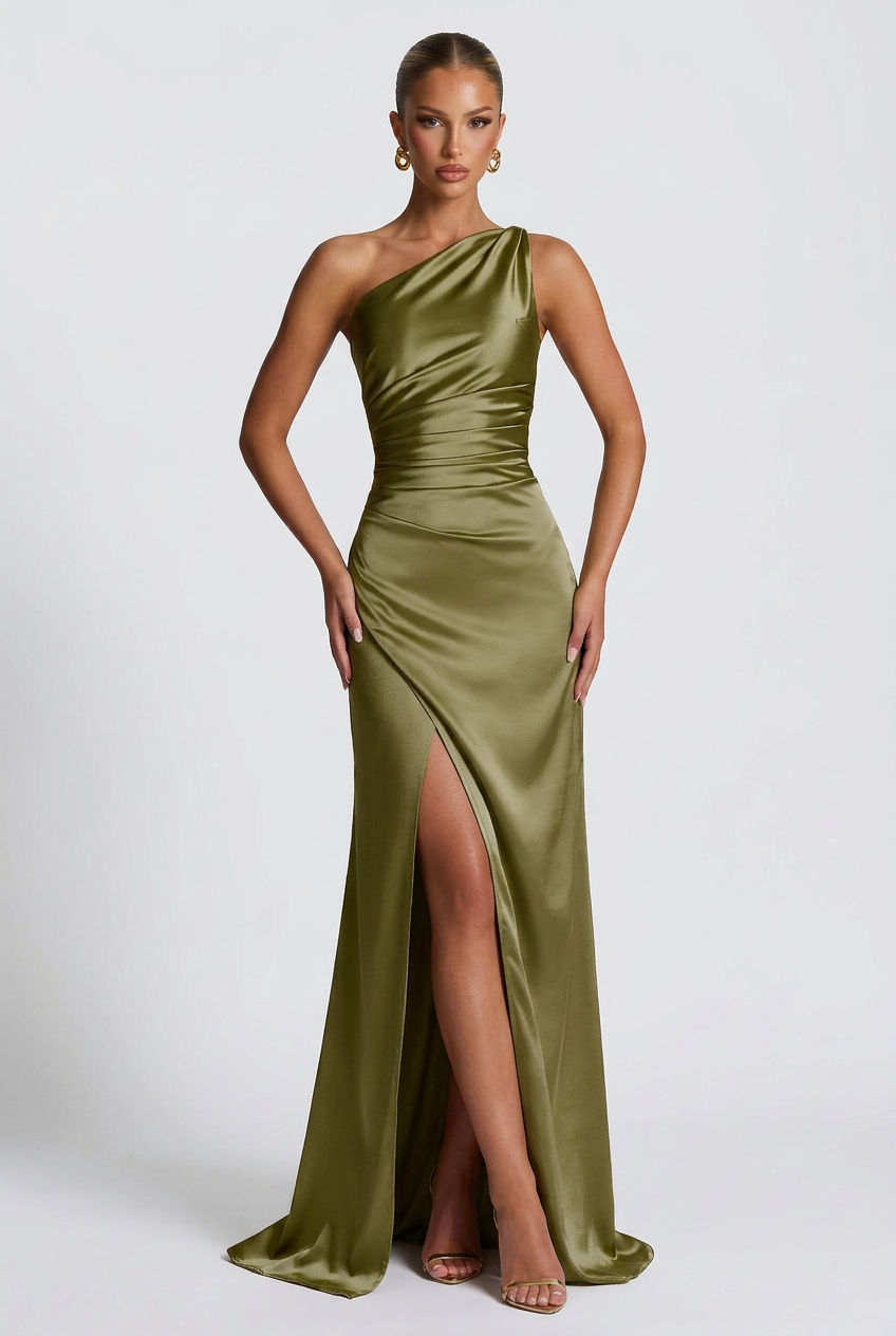 One-Shoulder Satin Maxi Prom Dress with Split