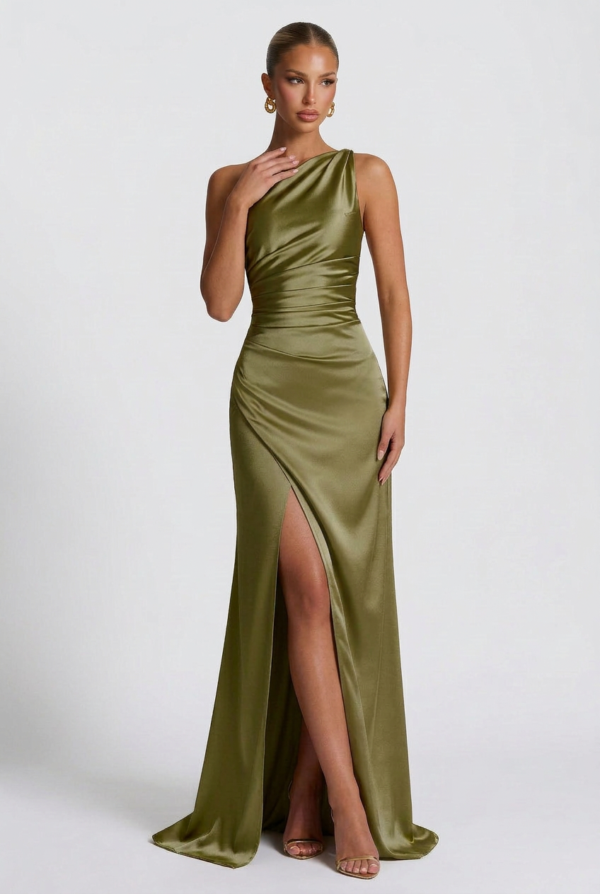 One-Shoulder Satin Maxi Prom Dress with Split