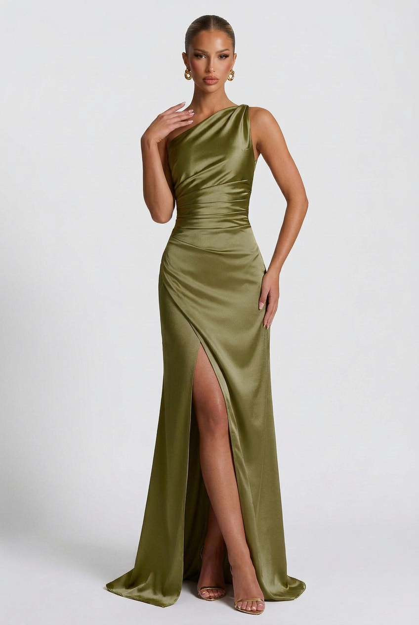 One-Shoulder Satin Maxi Prom Dress with Split