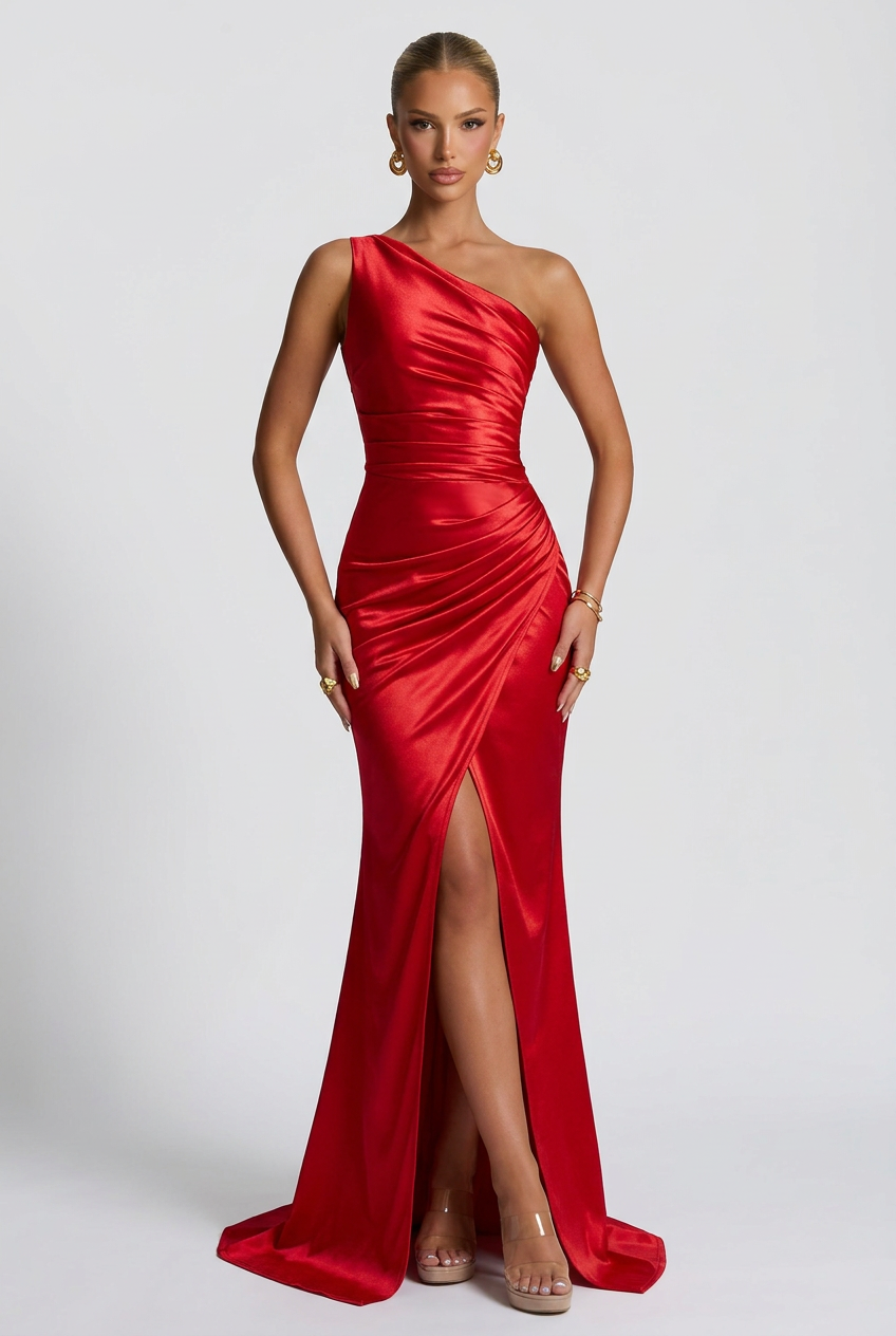 One-Shoulder Satin Maxi Prom Dress with Split