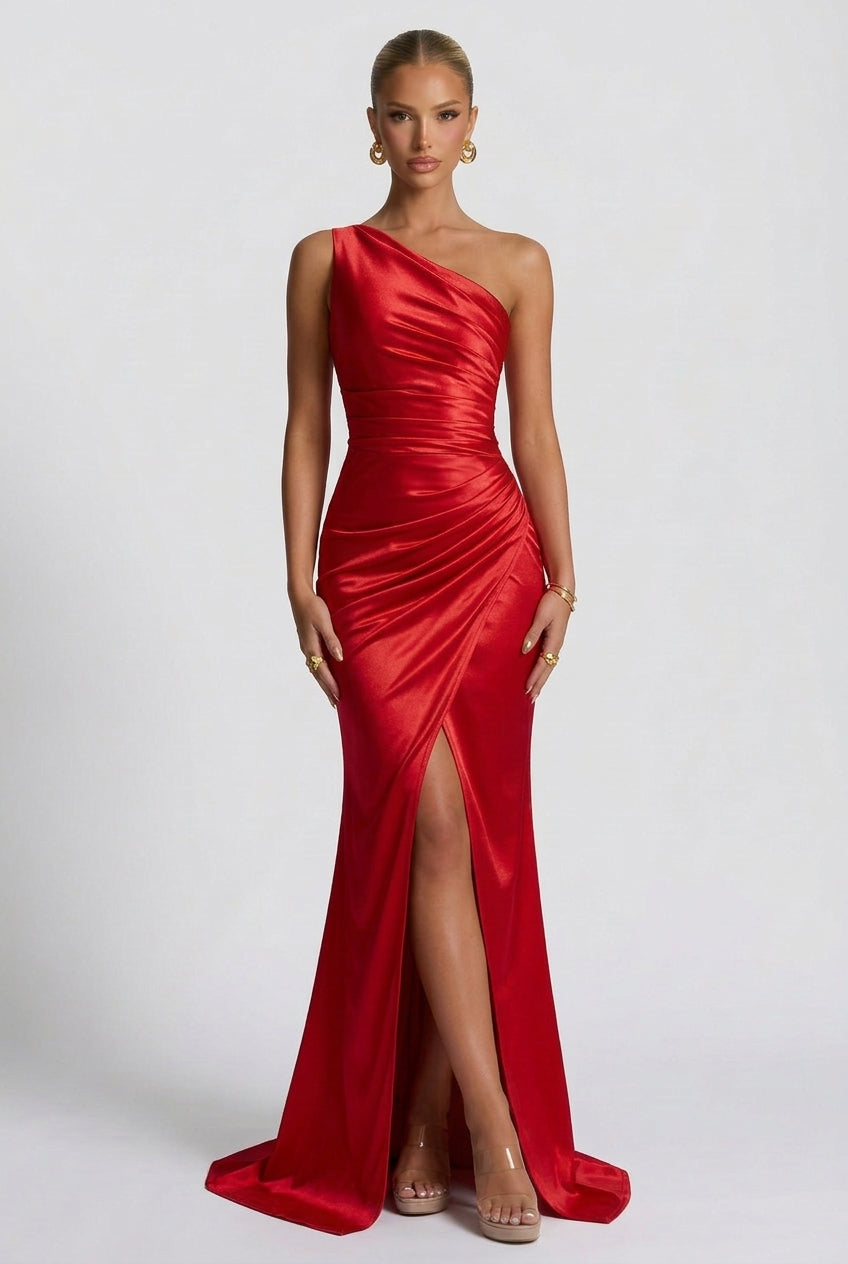 One-Shoulder Satin Maxi Prom Dress with Split