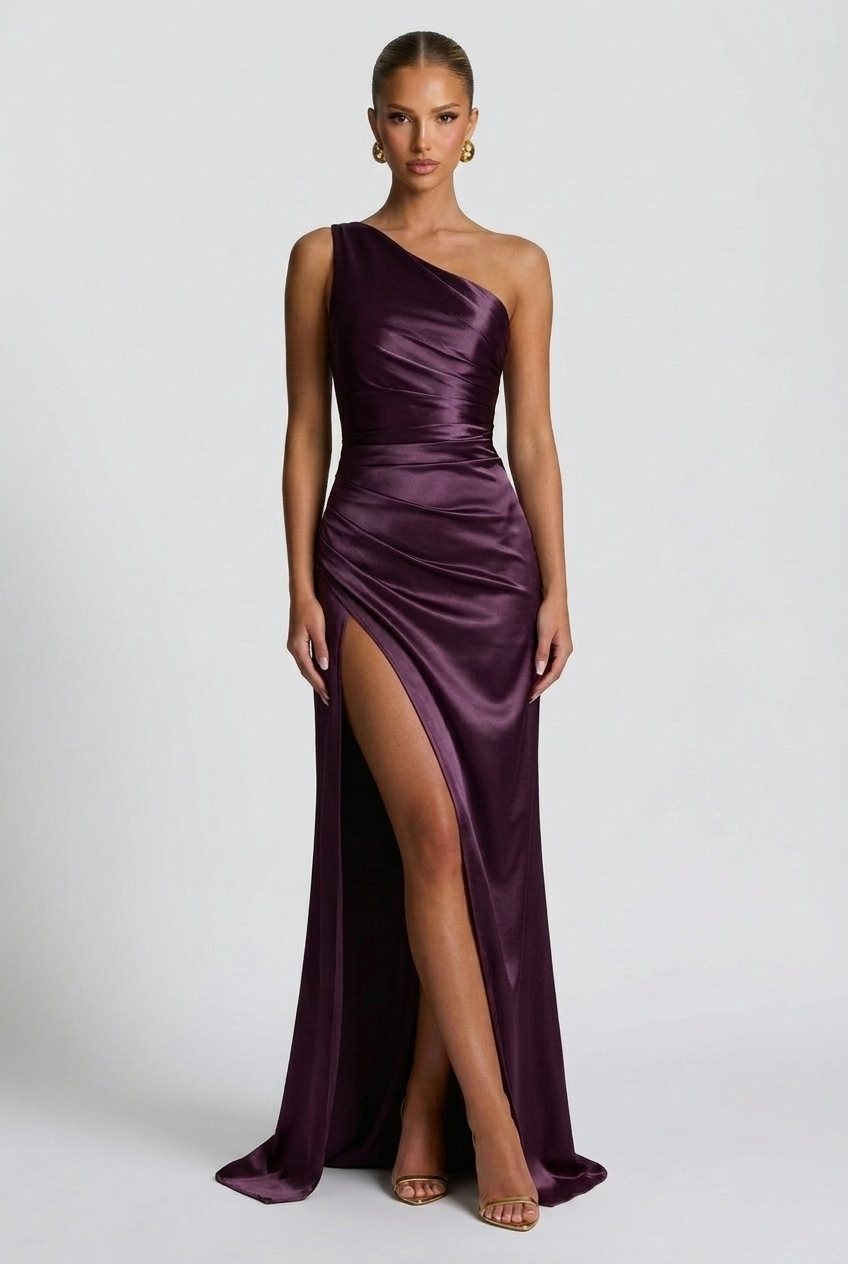 One-Shoulder Satin Maxi Prom Dress with Split
