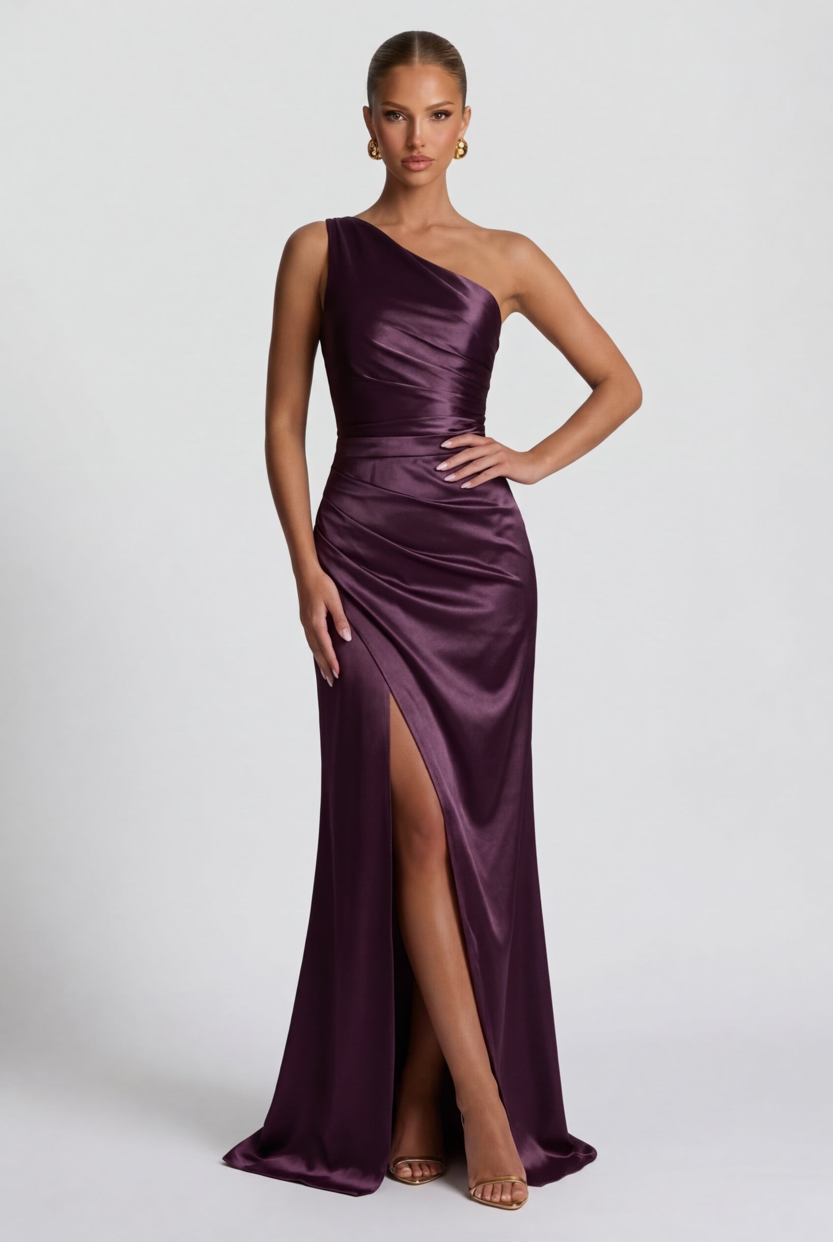 One-Shoulder Satin Maxi Prom Dress with Split