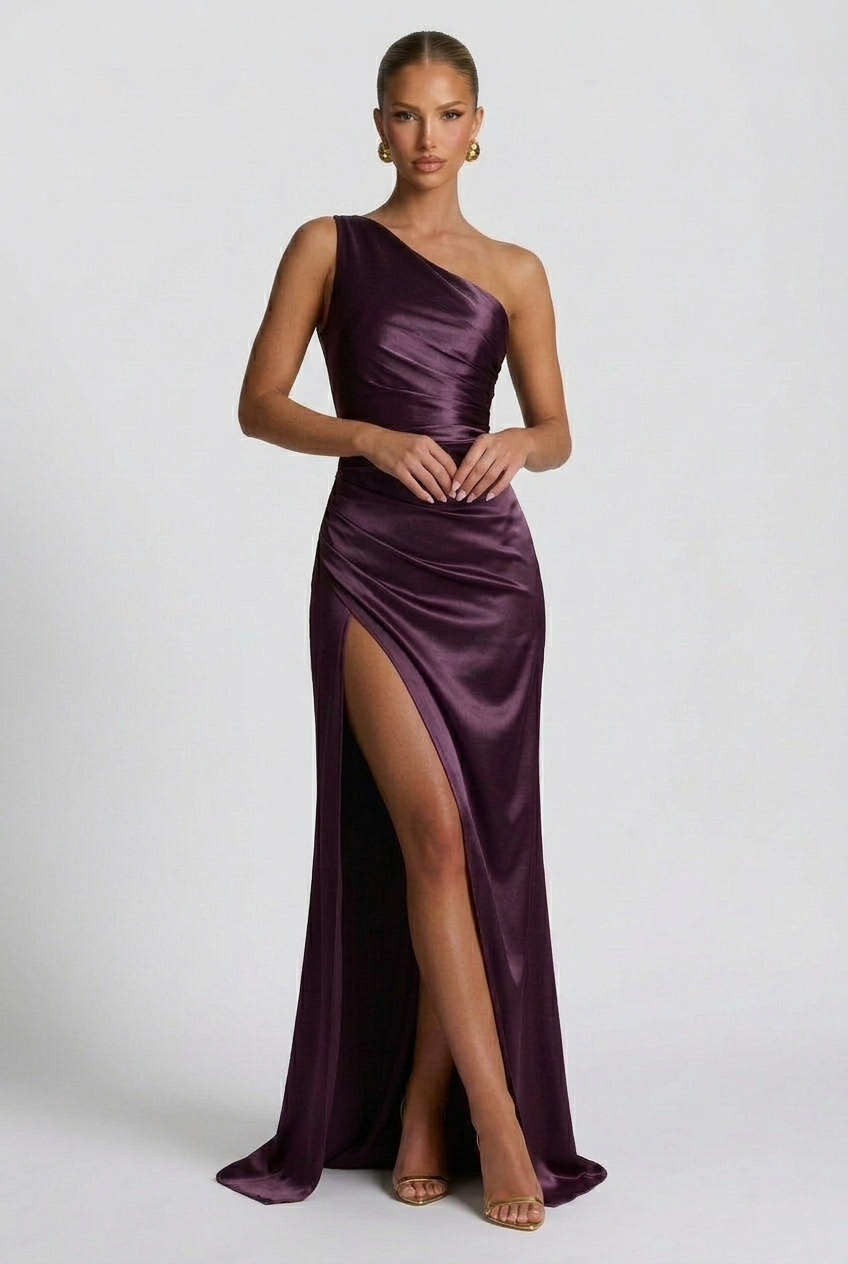 One-Shoulder Satin Maxi Prom Dress with Split