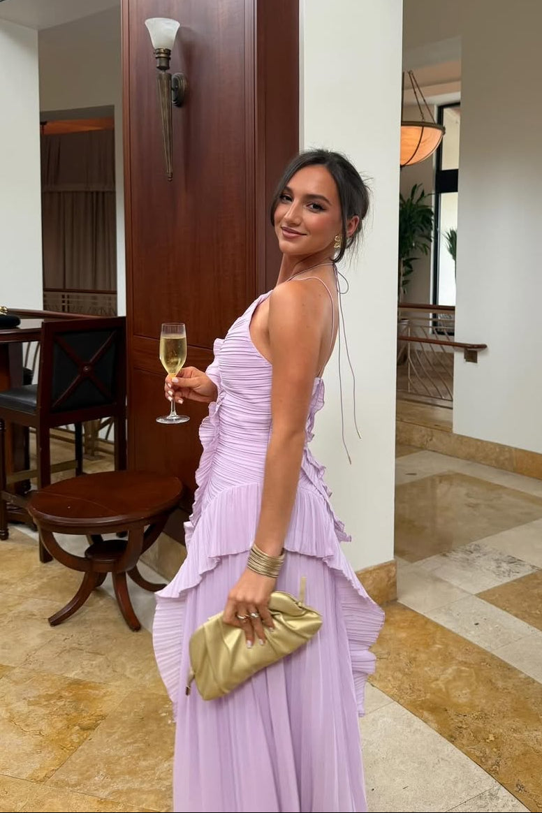 Pleated Ruffled Maxi Wedding Guest Dress