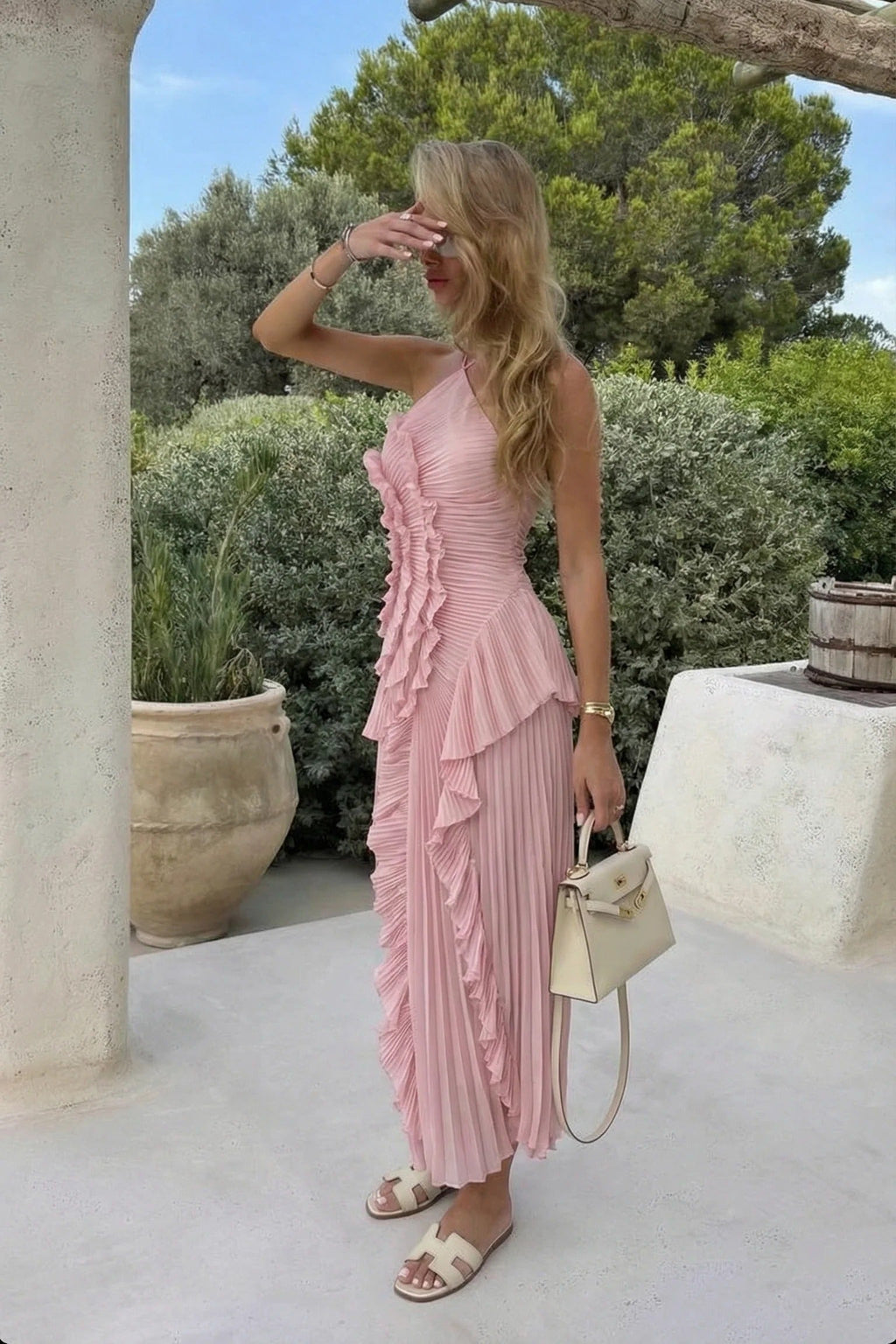 Pleated Ruffled Maxi Wedding Guest Dress