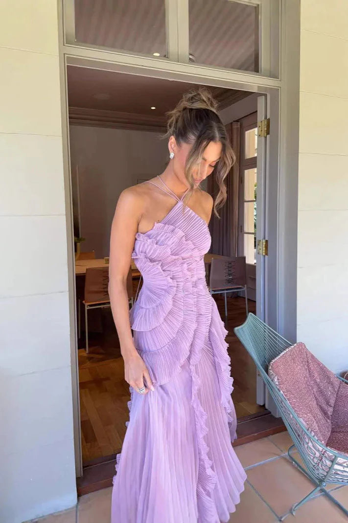 Pleated Ruffled Maxi Wedding Guest Dress