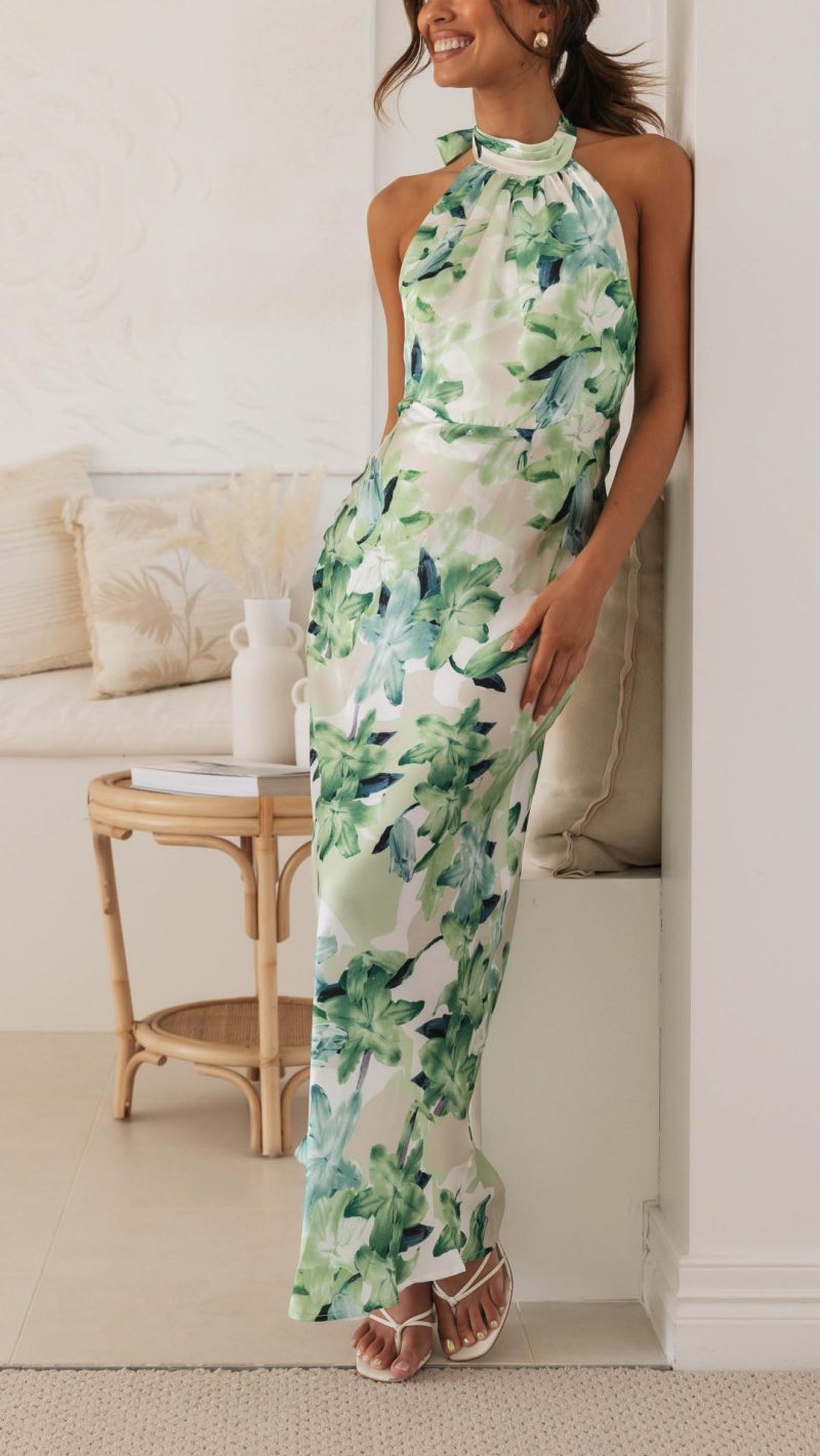 Floral Halter Open Back Maxi Dress
