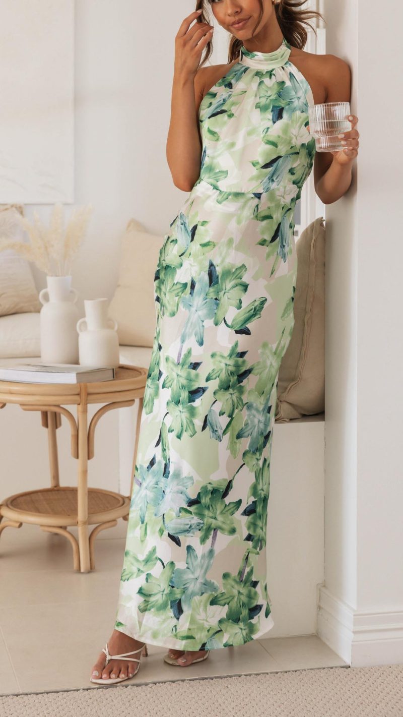 Floral Halter Open Back Maxi Dress