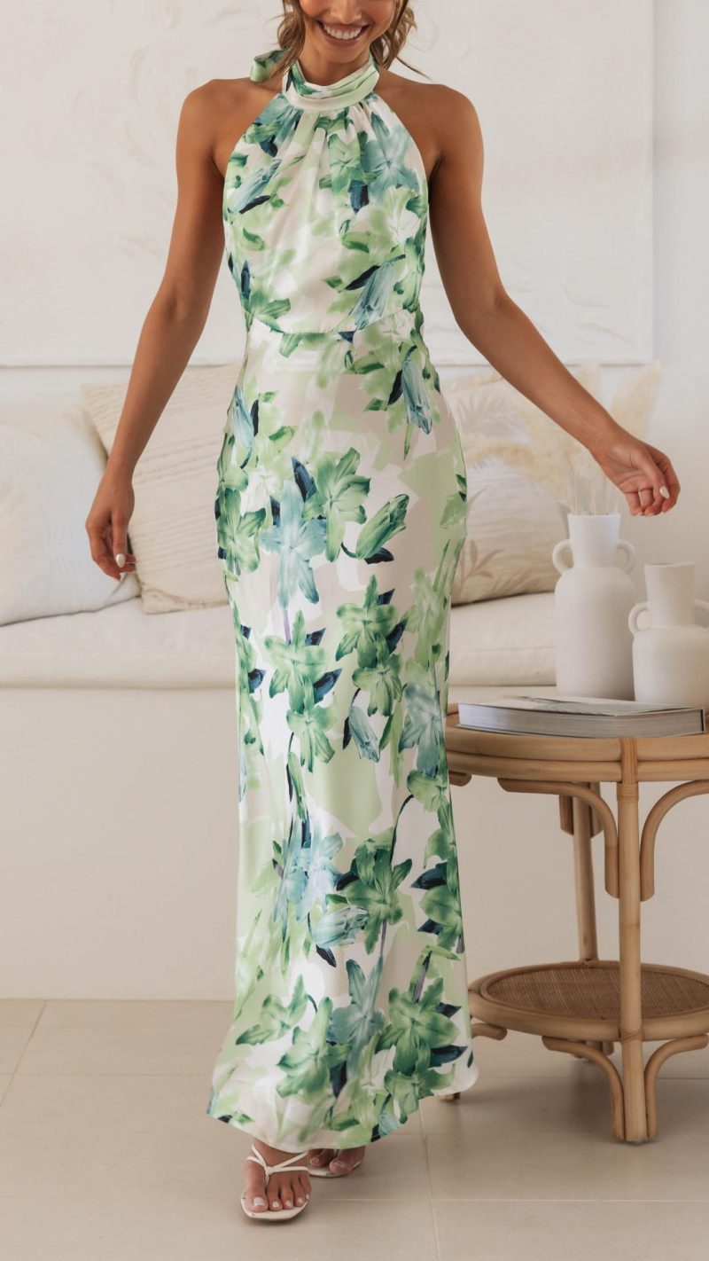 Floral Halter Open Back Maxi Dress