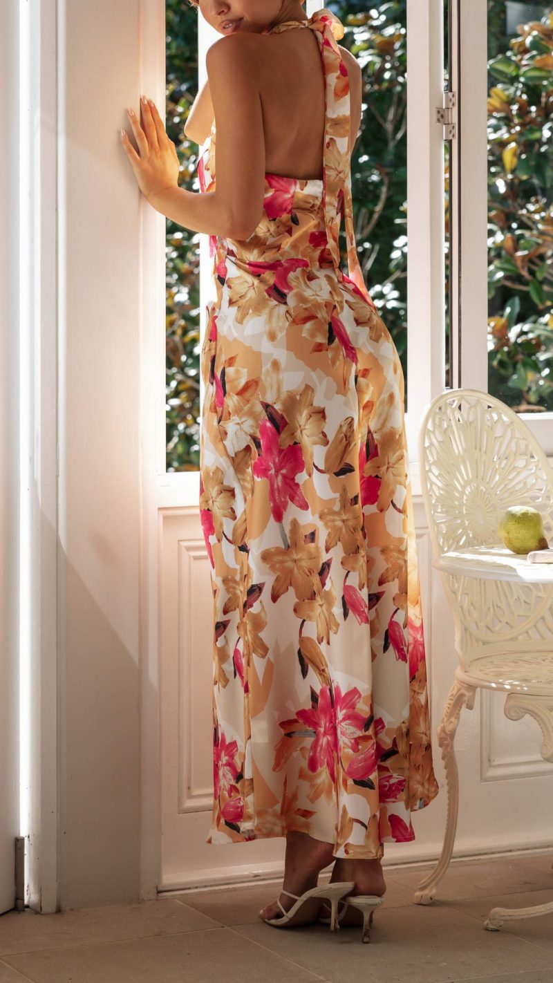 Floral Halter Open Back Maxi Dress