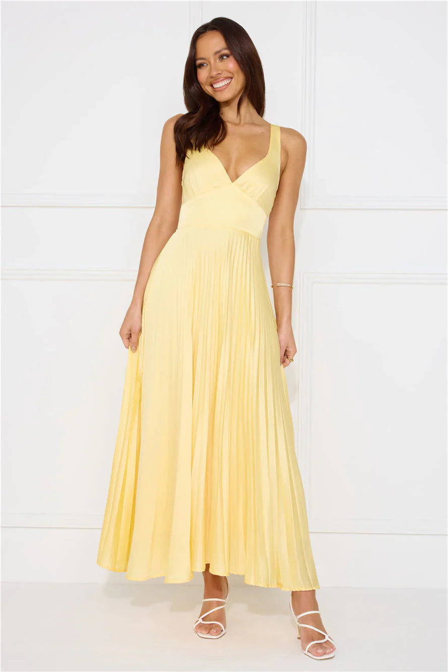 Sleeveless Pleated Maxi Wedding Guest Dress