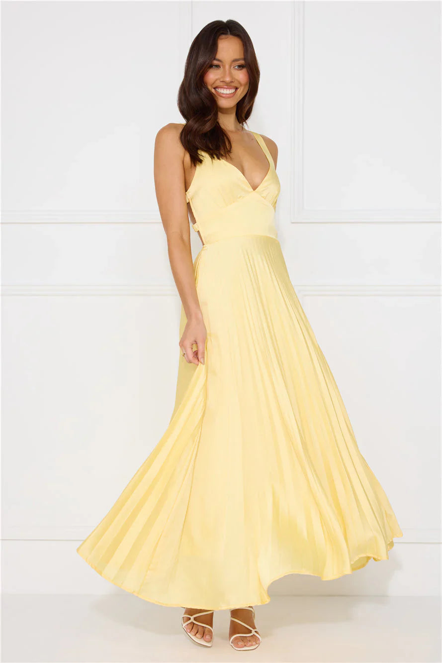 Sleeveless Pleated Maxi Wedding Guest Dress
