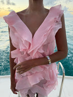 V-Neck Off-Shoulder Ruffled Mini Summer Dress